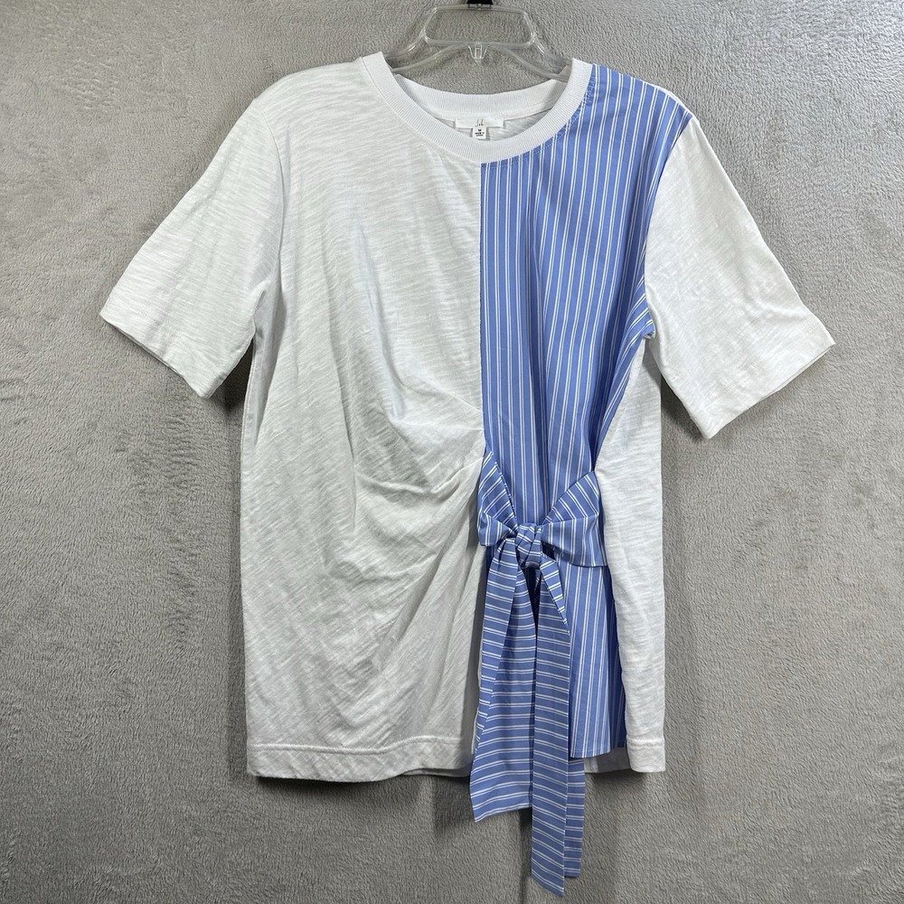Joh Apparel Mixed Pattern Tshirt Sz M White Cotton Blue Stripe‎ Panel Side Tie